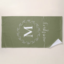 Elegantes Olive Green Personalisiert Wreath Monogr Strandtuch