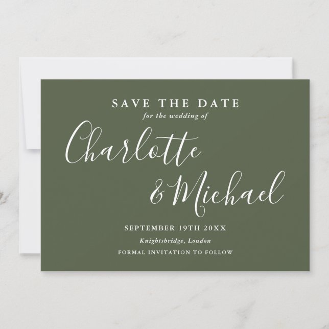 Elegantes Olive Green Signature Script-Foto Save The Date (Vorderseite)