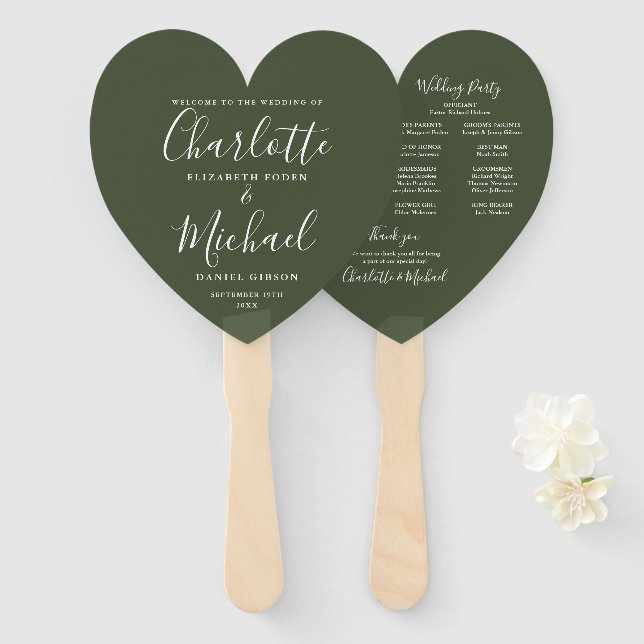 Elegantes Olive Green Wedding Program Herz Fächer (Vorne und Hinten)