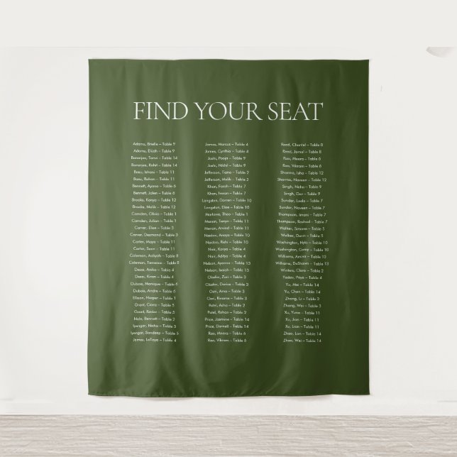 Elegantes Olive Green Wedding Seating Chart Fabric Wandteppich (Vorderseite)