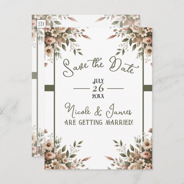 Elegantes Olive Green & White Floral Save the Date Ankündigungspostkarte (Vorne/Hinten)