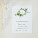 Elegantes Olive Greenerity Menü Auswahl RSVP Karte<br><div class="desc">Diese elegante Oliven-Grün-Karte der Wahl RSVP Karte ist perfekt für Ihre moderne Sommerhochzeit. Er ist mit smaragdgrünen und salgerfarbenen Blätter in Aquarellfarbe,  Touchs aus botanischem Gold,  Blume aus rot-rosa Oliven und schlichter Vintager Typografie in Schwarz gestaltet. All diese Elemente verbinden sich zu einem wunderschönen böhmischen Ambiente.</div>