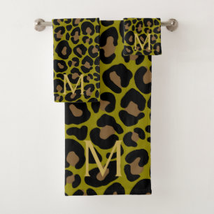 Elegantes Oliven Grün Leopard Monogramm Badhandtuch Set
