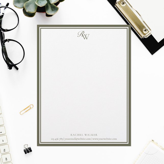 Elegantes Oliven Grün Monogramm Zwei Rahmen Briefbogen (Von Creator hochgeladen)