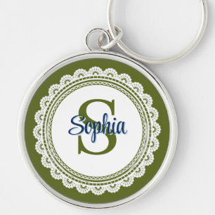 Elegantes Oliven Grün Vintage-Spitzen Monogramm Na Schlüsselanhänger
