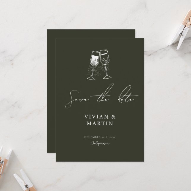 Elegantes Olivenholz Grün Save the Date Einladung (Vorderseite/Rückseite Beispiel)