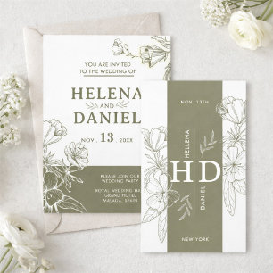 Elegantes Olivgrün Minimalistisches Florales Hochz Einladung