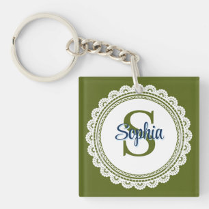 Elegantes olivgrünes vintage-Spitzen-Monogramm-Nam Schlüsselanhänger