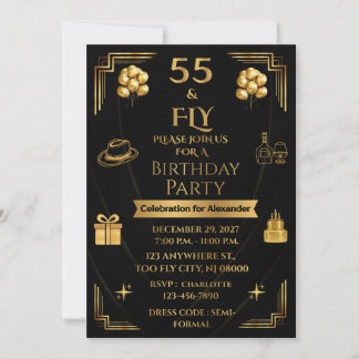 ELEGANTES ONYX & GOLD 55 & FLY 5X7 GEBURTSTAGSFEIE EINLADUNG