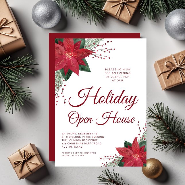 Elegantes Open House Einladung (Elegant Red Floral Poinsettia Holiday Open House Invitation)