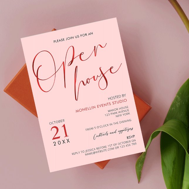 Elegantes Open House für Rosa und Rote Schrift Einladung (Von Creator hochgeladen)