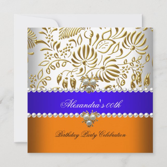 Elegantes Orange Blue Gold Damask Pearl Party Einladung (Vorderseite)
