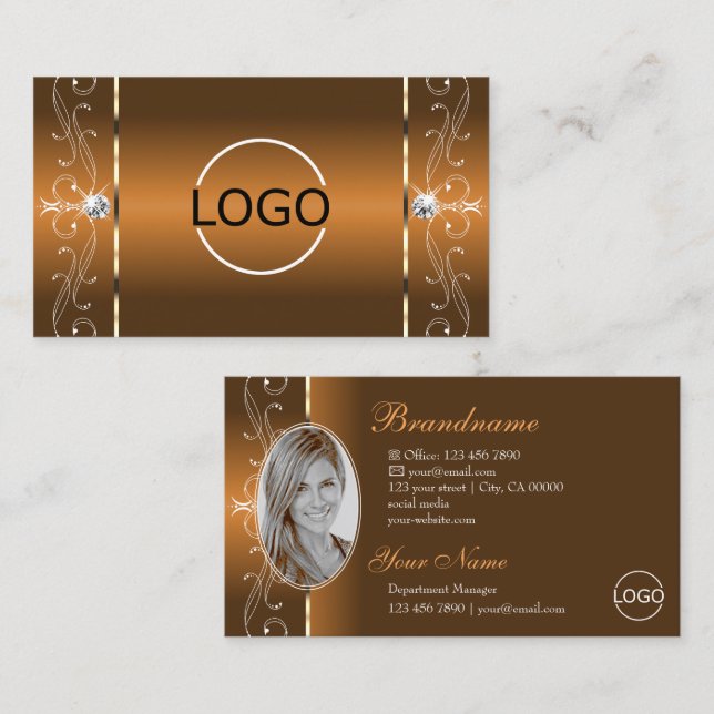 Elegantes Orange Brown Squiggled Jewels Logo & Fot Visitenkarte (Vorne/Hinten)