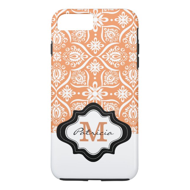 Elegantes Orange Damask Muster Custom Monogram [3] Case-Mate iPhone Hülle (Rückseite)