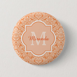 Elegantes Orange Damask Muster Monogramm und Name Button