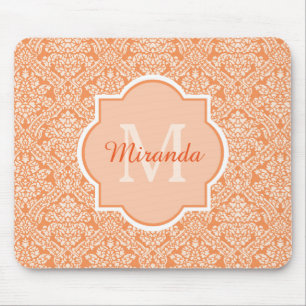 Elegantes Orange Damask Muster Monogramm und Name Mousepad