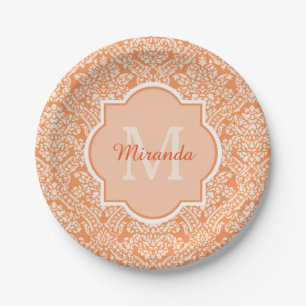 Elegantes Orange Damask Muster Monogramm und Name Pappteller