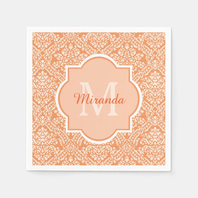 Elegantes Orange Damask Muster Monogramm und Name Serviette (Vorderseite)