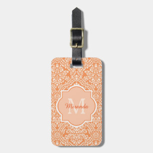 Elegantes orange Damast-Muster-Monogramm und Name Gepäckanhänger
