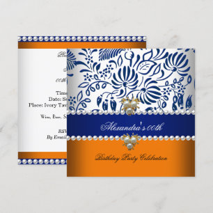 Elegantes Orange Marineblau Damast Perlen-Party 2 Einladung