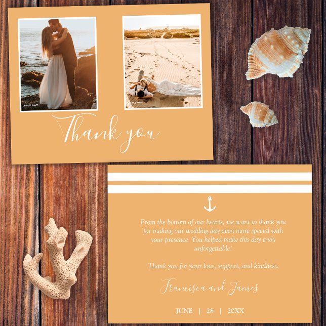 Elegantes Orange Nautical Anchor Wedding Foto Dankeskarte (Front and Back)