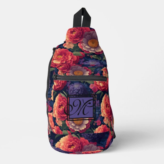 Elegantes orangefarbenes blumenromantisches Monogr Crossbody Bag (Vorderseite)