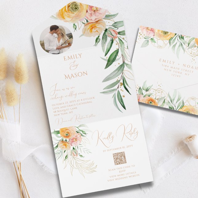 Elegantes orangefarbenes Foto WasserfarbeBlütenfar All In One Einladung (Von Creator hochgeladen)