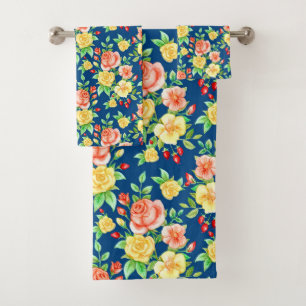 Elegantes orangefarbenes Rosenmuster Badhandtuch Set