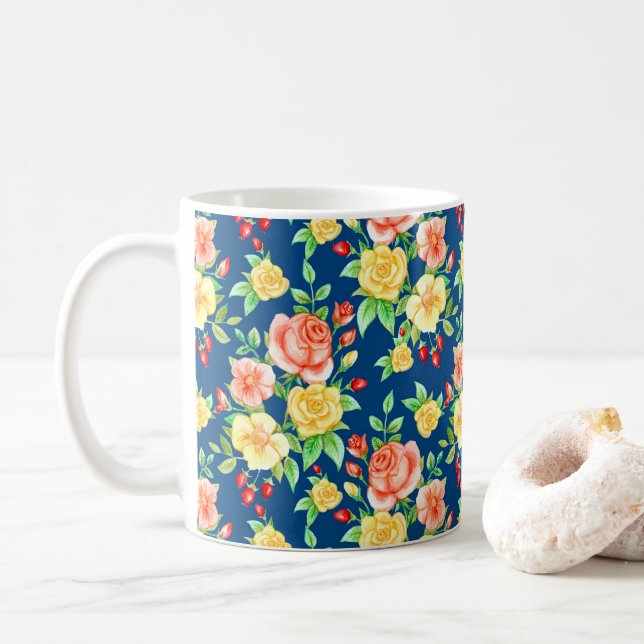 Elegantes orangefarbenes Rosenmuster Kaffeetasse (Mit Donut)
