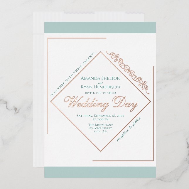 Elegantes Ornament Türkis Rahmen Hochzeit Gold Ros Folieneinladung (Briefumschlag)