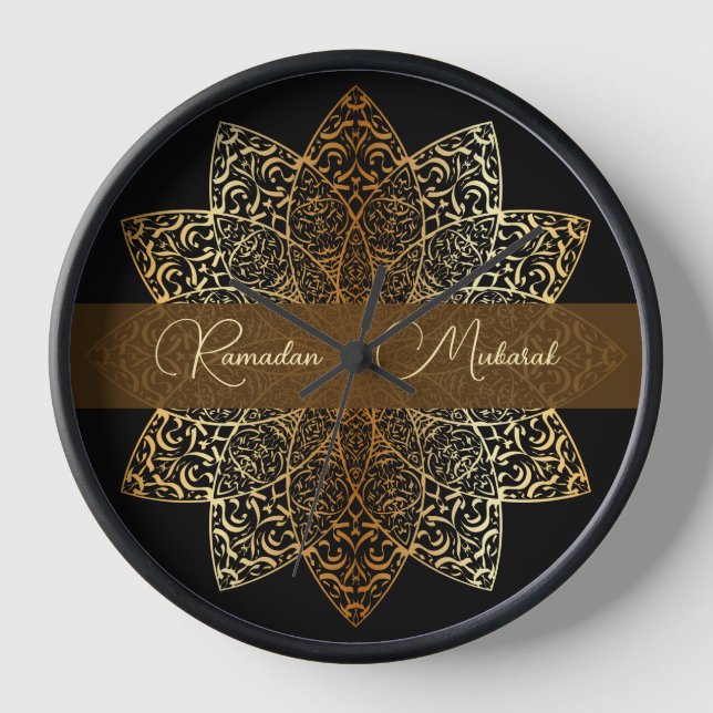 Elegantes Ornamental Gold und Black Ramadan Mubara Uhr (Vorderseite)