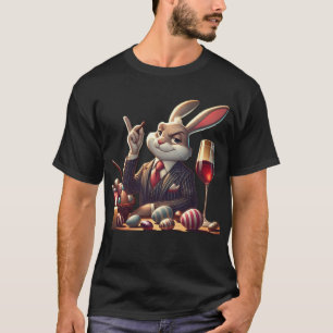 Elegantes Osterhasen mit einem Glas Wein und Choc T-Shirt