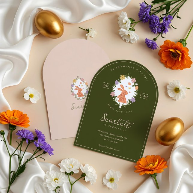 Elegantes Ostersonniges Wappen Frühlingsflora Gebu Einladung (Elegant Easter Bunny Crest Spring Floral BirtElegant Easter Bunny Crest Spring Floralhday Invitation)