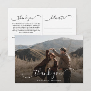Elegantes Overlay Calligraphy Wedding Foto Dankeskarte