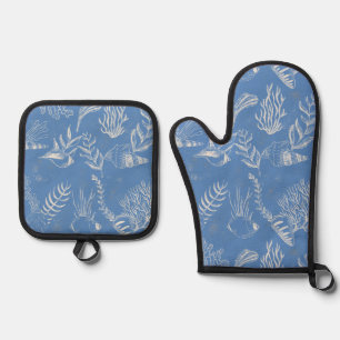 Elegantes Ozeanblau Ofenhandschuh & Topflappen-Set