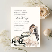 Elegantes Paar Vintage-Hochzeitsauto-Einladung