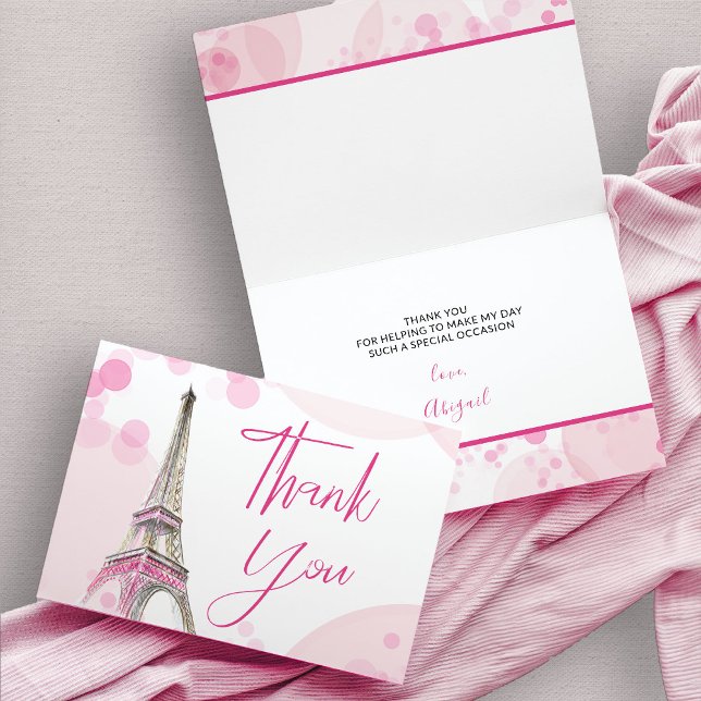 Elegantes Paris-Eiffelturm-Rosa-weißer Bonbon 16 Dankeskarte (Pink eiffel tower thank you card)