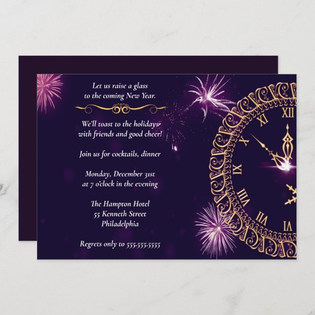 Elegantes Party für Lila Silvester Einladung (Vorne/Hinten)