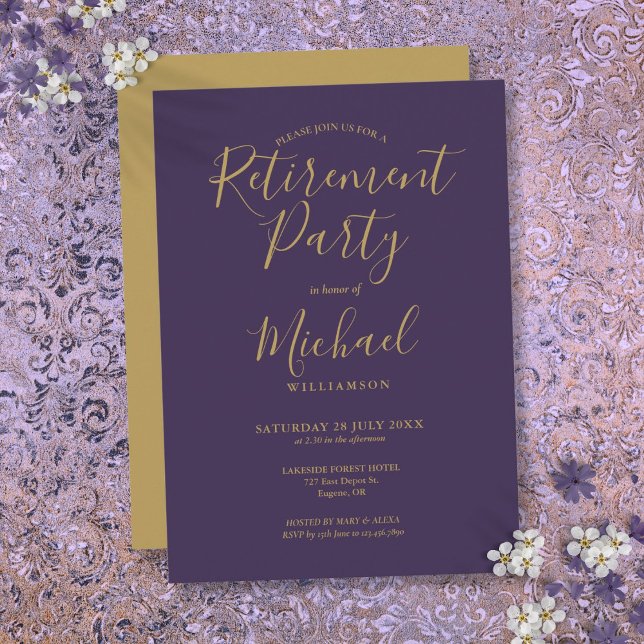Elegantes Party für Lila und Gold-Script-Vergabe Einladung (Elegant Purple And Gold Script Retirement Party Invitation)