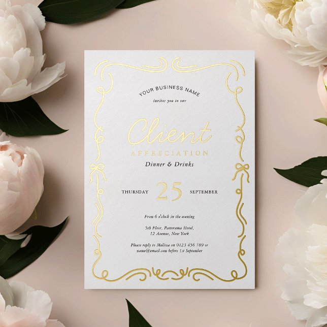 Elegantes Party Kundenbewertungs-Event Gold Folieneinladung (Elegant appreciation event invitations in white and real gold foil (can also be silver or rose gold))