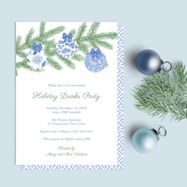 Elegantes Party mit blauen und weißen Ornamenten Einladung (Simple elegant blue and white chinoiserie Holiday Drinks Party invitation)