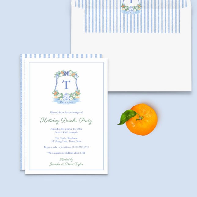 Elegantes Party mit blauen und weißen Zitrusfrücht Einladung (Blue And White Citrus Winter Christmas Crest Holiday Drinks Party Invitation)