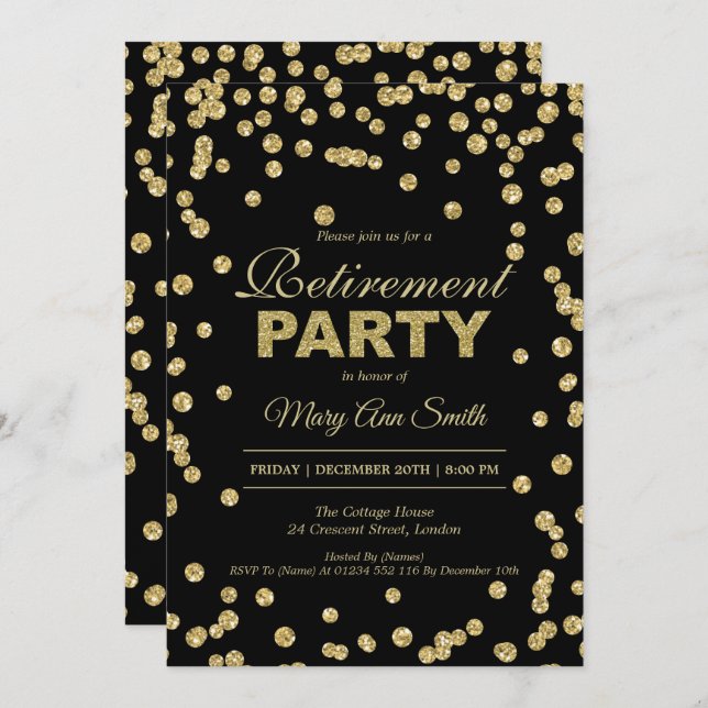 Elegantes Party Pension Gold Glitzer Confetti Einladung (Vorne/Hinten)