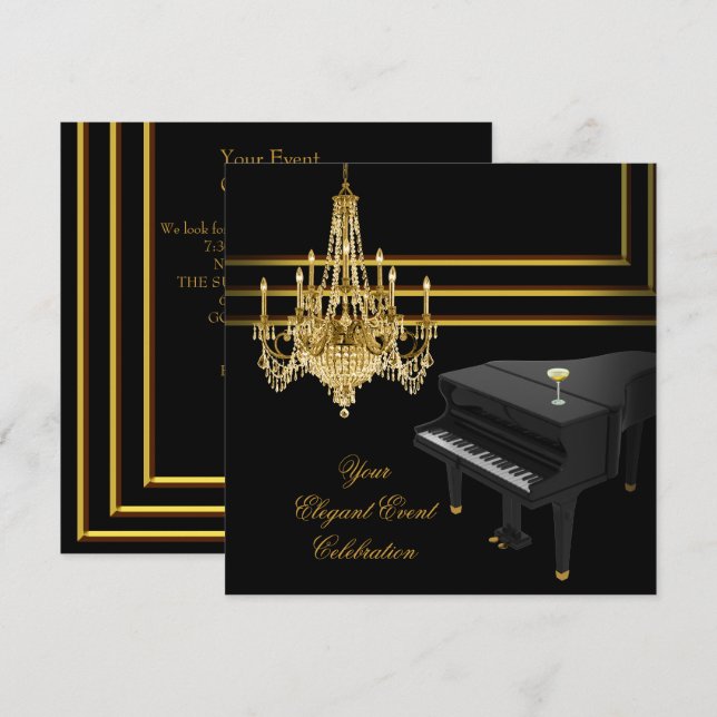 Elegantes Party Piano Chandelier Gold Champagne Einladung (Vorne/Hinten)