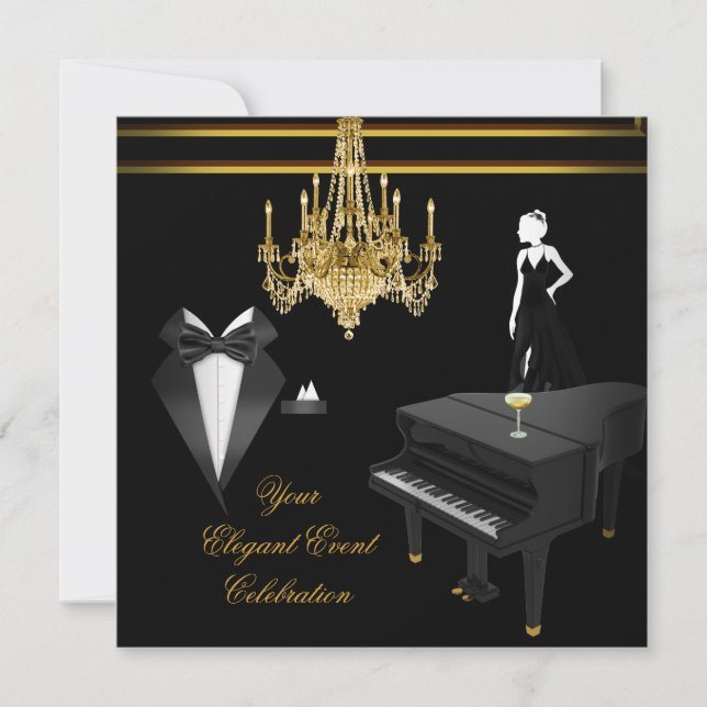 Elegantes Party Piano Chandelier Gold Champagne Einladung (Vorderseite)
