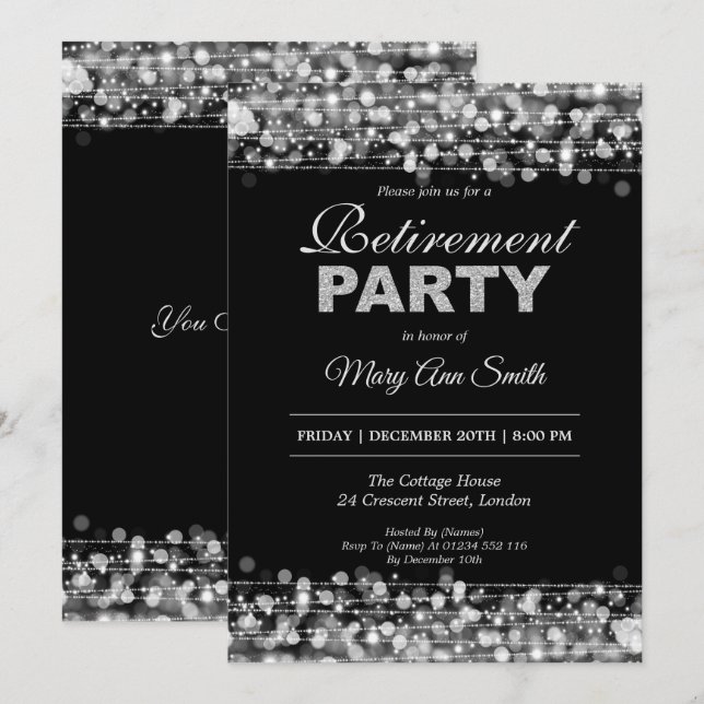 Elegantes Party Ruhestand Silver Glitzer Einladung (Vorne/Hinten)