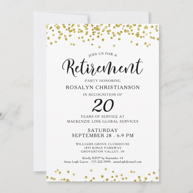 Elegantes Party Script Gold Confetti Einladung (Vorderseite)
