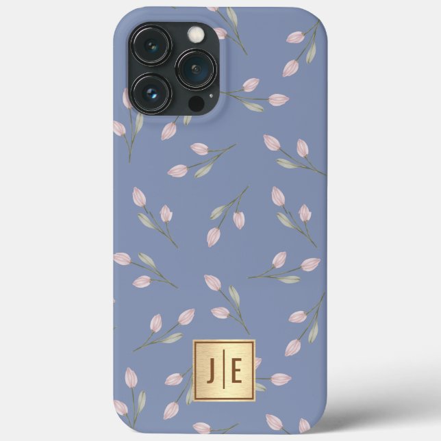 Elegantes Pastel Blue Floral Shiny Gold Monogramm Case-Mate iPhone Hülle (Rückseite)