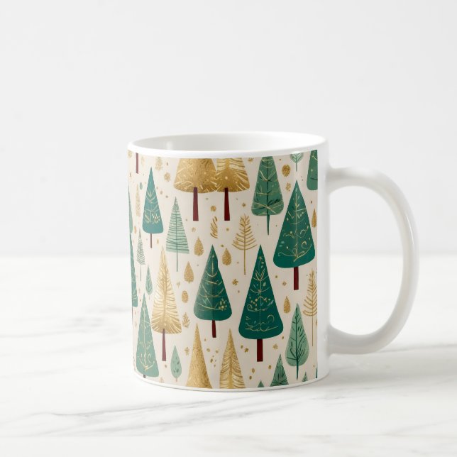 Elegantes Pastel Green Gold Weihnachtsbaummuster Kaffeetasse (Rechts)