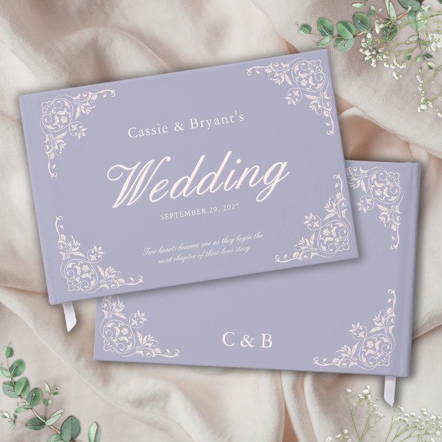 Elegantes Pastel Lila Vintage Wedding Gästebuch (traditional light purple lavender wedding guest book with names monogram date and message on cover)
